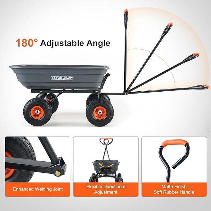VEVOR 4 Cu.Ft. 600lbs Poly Garden Cart Dump Wagon, Heavy Duty 4 Wheel Wheelbarrow Yard Cart Dump Wagon with 10in All Terrain Wheels, Steel Frame and Quick Release System