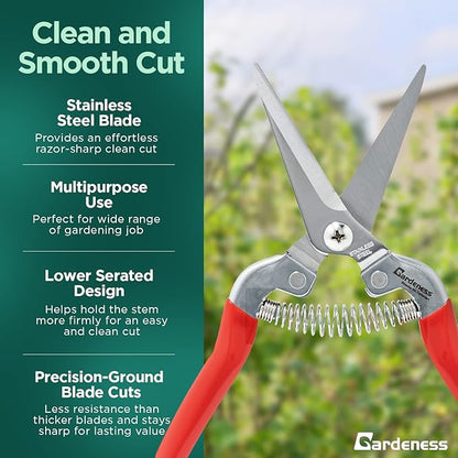 Gardeness 12PCS Pruning Shear Straight Pruning Snip with Stainless Steel Serrated Blade, Adjustable Joint Screw Micro Tip Garden Scissor for Arranging, Trimming, Harvesting Fruit, Vegetables
