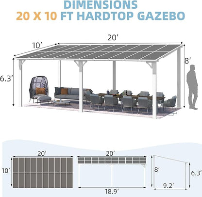AECOJOY 20' x 10' White Outdoo Gazebo for Patio, Large Wall-Mounted Pergolas and Gazebos Clearance Hard Top 10x20 Lean to Metal Gazebo Shelter Patio Roof, Heavy Duty Awnings for Patio, Decks