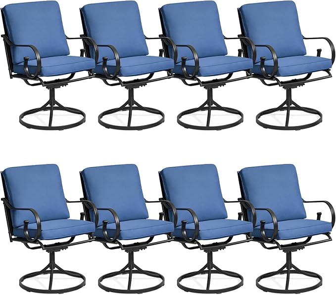 MELLCOM Patio Swivel Chair Set of 8, Heavy Duty Outdoor Dining Chairs with Thickened Cushions, Metal Patio Chairs Gentle Rocker for Outside, Garden Lawn & Porch, Backyard, Blue