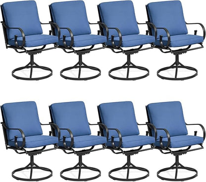 MELLCOM Patio Swivel Chair Set of 8, Heavy Duty Outdoor Dining Chairs with Thickened Cushions, Metal Patio Chairs Gentle Rocker for Outside, Garden Lawn & Porch, Backyard, Blue