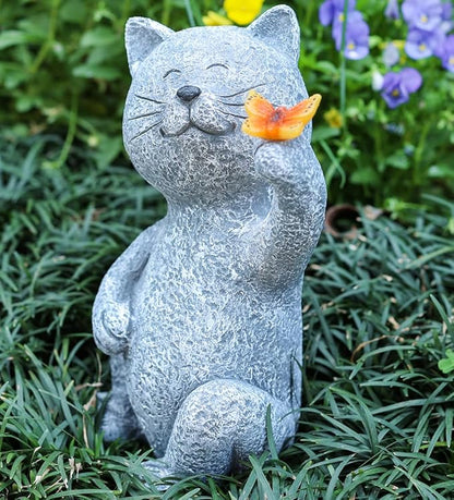 Solar Garden Statue Cat Garden Figurines Cat Garden Statue Outdoor Decor, Solar Powered Resin Sculpture with Butterfly Light Art Decoration for Patio Lawn Yard Porch, Housewarming Garden Gift