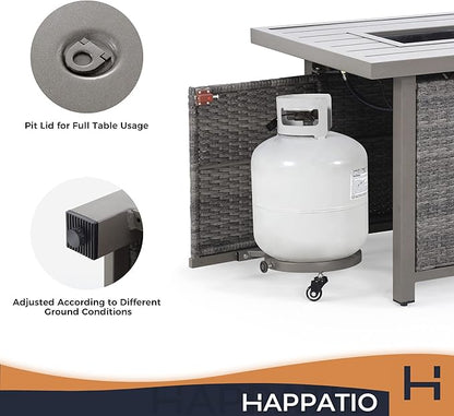 Fire Pit Table, HAPPATIO 42inch 50000 BTU Propane Fire Pit with Mental Fence Table Top, Lid, Black Glass Rock, CSA Safety Certified for Patio Balcony Backyard (Gray)