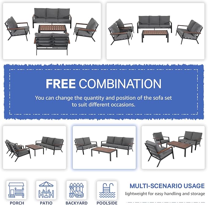 Soleil Jardin Aluminum Patio Furniture Loveseat, Outdoor 2 Seats Sofa Couch with FSC Certified Solid Wood Top, Outdoor Conversation Set Deep Seating Loveseat w/Removable Cushion, Dark Grey