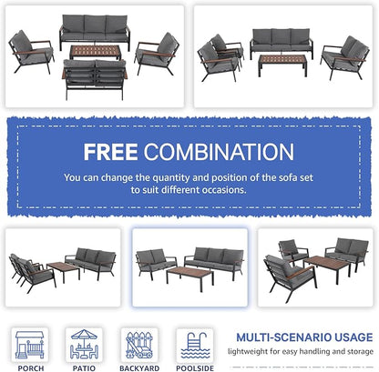 Soleil Jardin Aluminum Patio Furniture Loveseat, Outdoor 2 Seats Sofa Couch with FSC Certified Solid Wood Top, Outdoor Conversation Set Deep Seating Loveseat w/Removable Cushion, Dark Grey