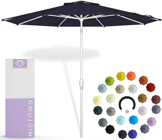 Midtown Umbrellas The Swilt 10 Feet Patio Umbrella in Terylast Navy (Navy Blue) Polyester Fabric - Fiberglass Ribs, Auto-Tilt Aluminum Frame For Backyard, Deck, Garden, Pool - White Pole