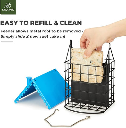 Kingsyard Double Suet Bird Feeder with Weatherproof Roof & Perch, All Metal, Suet Cakes Cage Bird Feeder for Outdoors Hanging, Easy to Clean & Refill, Blue