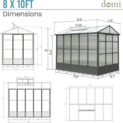 Domi 8x10FT Polycarbonate Greenhouse with Automatic Vent, Extra Tall 8FT Walk-in Aluminum Frame, Weather-Resistant Green House with Shelves & Hooks for Outdoor Garden, Backyard, Dark Grey