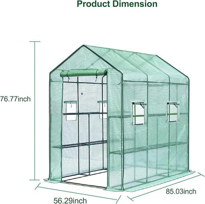 Greenhouse, 57 x 85 x 77'' Greenhouses for Outdoors, with Mesh Side Windows, PE Cover, 8 Shelves, Heavy Duty Walk in Green House for Backyard Garden Indoor, White& Green Outside