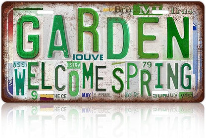 Vintage Garden Metal Tin Sign License Plate Wall Decor for Garden Lover 12 x 6 Inches - welcome spring