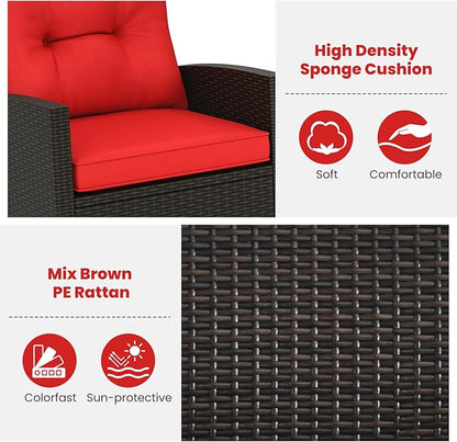ORALNER 3 Pieces Wicker Rocker Set Patio Furniture Set, Outdoor Rocking Chairs with Soft Cushions, Glass Coffee Table, Rattan Conversation Bistro Set for Front Porch Balcony Garden Deck Poolside (Red)