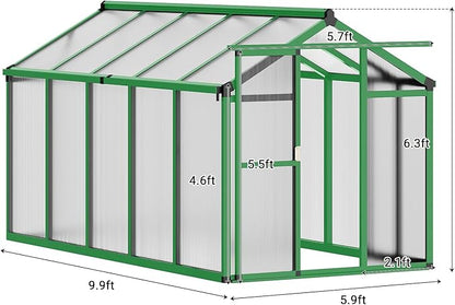 6x10 FT Greenhouse, Greenhouse for Outdoors, Polycarbonate Greenhouses with Quick Setup, Aluminum Frame and Roof Vent, Lockable Door for Backyard, Green Houses for Outside Garden Backyard, Patio