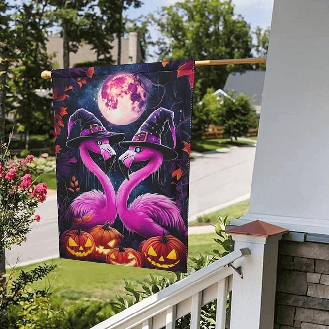 Flamingo Halloween Garden Flag Vertical Double Sided Outdoor Yard Flags 12.5x18 Inch Burlap Banners for House Lawn