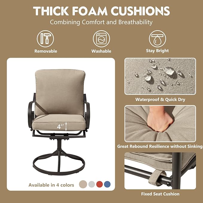 MELLCOM Patio Swivel Chair Set of 6, Heavy Duty Outdoor Dining Chairs with Thickened Cushions, Metal Patio Chairs Gentle Rocker for Outside, Garden Lawn & Porch, Backyard, Khaki