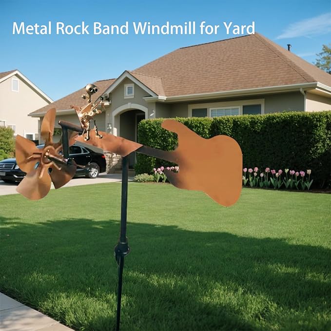 Garden Handmade Metal Rock Band Drummer Guitar Windmill, Kinetic Art Metal Sculpture Wind Spinners, Percussionist Music Rockin Art Figurine, Windmills for Yard Lawn Patio Outdoor Decor (Guitar)