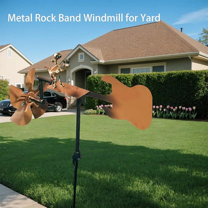 Garden Handmade Metal Rock Band Drummer Guitar Windmill, Kinetic Art Metal Sculpture Wind Spinners, Percussionist Music Rockin Art Figurine, Windmills for Yard Lawn Patio Outdoor Decor (Guitar)