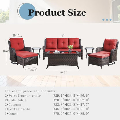 Outdoor Furniture Set：8 Pieces Patio Furniture Set with Outdoor Swivel Rocker Patio Chairs, Brown/Red
