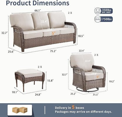 6 Pieces Patio Furniture Set Outdoor Sectional Sofa Couch with Rocking Swivel Chairs 5" Deep Seat Chairs, 2 Sofa Sets Modern Wicker Rattan Conversation Set, Beige/Brown Wicker