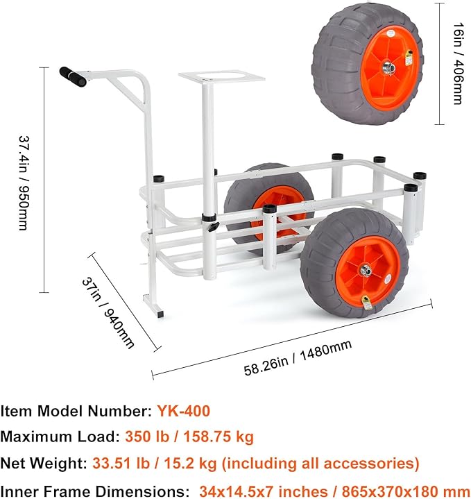 VEVOR Beach Fishing Cart, 350 lbs Load Capacity, Fish and Marine Cart with Two 16" Big Wheels PU Balloon Tires for Sand, Heavy-Duty Aluminum Pier Wagon Trolley with 8 Rod Holders for Fishing, Picnic