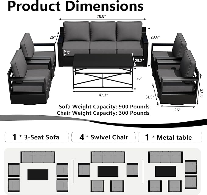 Outdoor Patio Furniture Set, 6-Piece Aluminum Patio Conversation Set All-Weather Metal Outdoor Sectional with 6 Inch Thick Cushions, Deep Setting for Garden, Outside and Porch