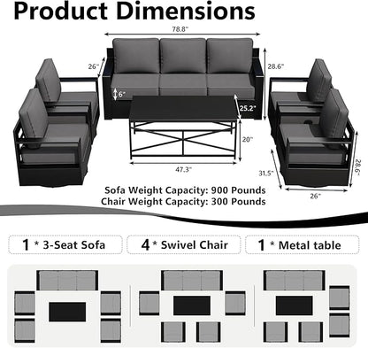 Outdoor Patio Furniture Set, 6-Piece Aluminum Patio Conversation Set All-Weather Metal Outdoor Sectional with 6 Inch Thick Cushions, Deep Setting for Garden, Outside and Porch