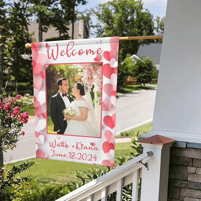 Custom Wedding Garden Flag Personalized Garden Flags Add Photo Name Date Decoration Banner For Ceremony Party Bridal Shower Memorial Anniversary (Custom Wedding Flags 1, 12x18(in))