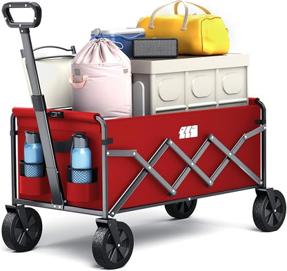 Collapsible Foldable Wagon, Foldig Cart with Wheel Heavy Duty with 180lbs Weight Capacity Lightweight Utility Camping Wagon for Groceries Garden Beach Sports Fishing (Coral Red)