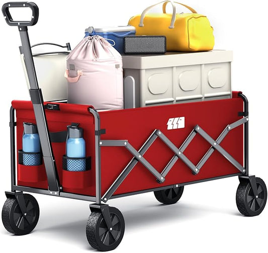 Collapsible Foldable Wagon, Foldig Cart with Wheel Heavy Duty with 180lbs Weight Capacity Lightweight Utility Camping Wagon for Groceries Garden Beach Sports Fishing (Coral Red)