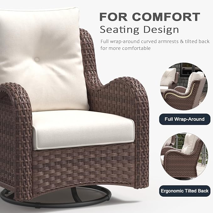 LayinSun 5 Pieces Outdoor Patio Furniture Set with Fire Pit Table, Rattan Wicker Sectional Swivel Rocker Chairs Sets with Swivel Glider Chair and Coffee Table