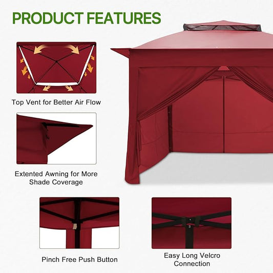 COOS BAY 11x11 Pop-up Instant Gazebo Tent with 4 Sidewalls Outdoor Canopy Shelter with Carry Bag, Stakes and Ropes, Red