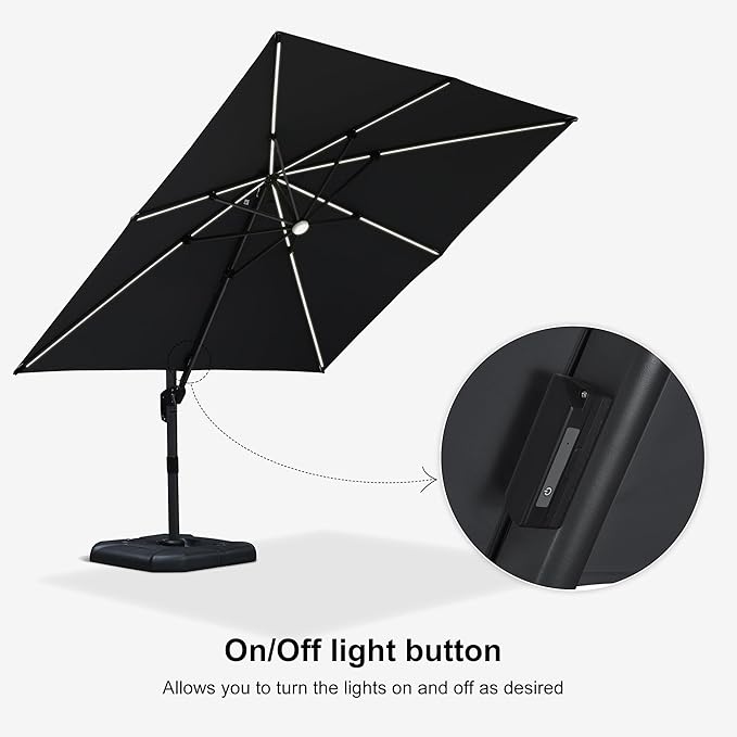 PURPLE LEAF 10 Feet Patio Umbrella with Base Outdoor Cantilever Solar Powered LED Square Umbrella Aluminum Offset Umbrella with 360-degree Rotation for Garden Deck Pool Patio, Grey