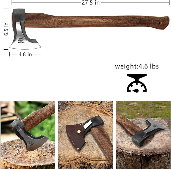 Splitting Axe, 27.5-inch Chopping Axe with Leather Sheath, Camping Hatchet 1065 High Manganese Steel and Hickory Handle