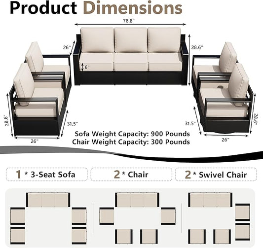 Outdoor Patio Furniture Set, 5-Piece Aluminum Patio Conversation Set All-Weather Metal Outdoor Sectional with 6 Inch Thick Cushions, Deep Setting for Garden, Outside and Porch