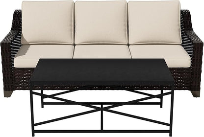 Vista Vibe 2 Pieces Outdoor Patio Conversation Furniture Set - 78" 3-seat Sofa | Metal Coffee Table, Deep Seat Loveseat, Removable Cushions, Hand-Woven PE Rattan Couch, Lawn (Brown/Beige)