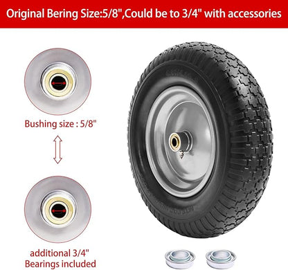 16" Flat Free Wheelbarrow Tires,4.80/4.00-8"Flat-Free Solid Tire with 3" Centered Hub,5/8" & 3/4" Bearing For Wheel Barrow Garden Utility Cart Lawn Mover Replacemen(2 Pack)