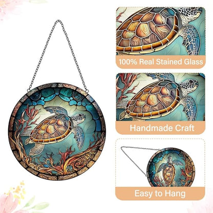 Sea Turtle Decor Suncatcher Stained Glass Window Hanging - Handmade Suncatchers for Windows with Hooks - Sea Art Glass Sun Catcher Indoor Outdoor Garden Mothers Day Birthday Gifts for Mom Grandma