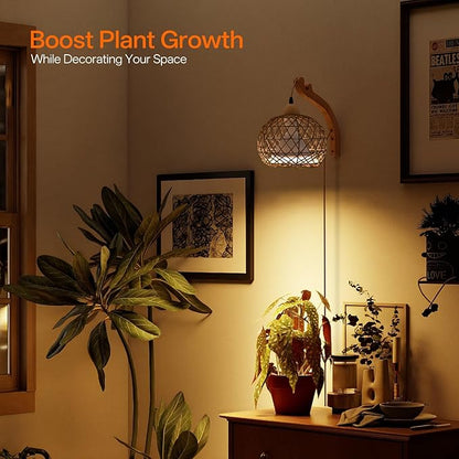 Bstrip Hanging Grow Lights for Indoor Plants, 18W Full Spectrum, Boho Rattan Lantern Shade, 3800K Wall-Mounted Decorative Plant Light with 9.8FT Power Cord, Ideal for Tall Plants, Flowers