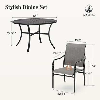 HERA'S HOUSE Patio Table and Chairs, 7 Pieces Outdoor Dining Set, 1 x Round Metal Table with 1.57”-1.9” Umbrella Hole, 6 x Grey Armrest Chairs for Deck Porch Backyard