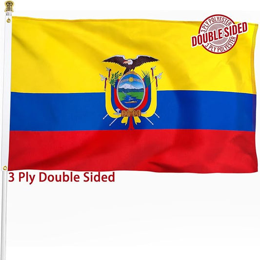 Ecuador Ecuadorian Flag 3x5 ft Outdoor, Double Sided 3 Ply Heavy Duty Ecuador National Country Flag, 100% Quality Polyester Ecuadorian Banner with Brass Grommets 4 Rows Stitches