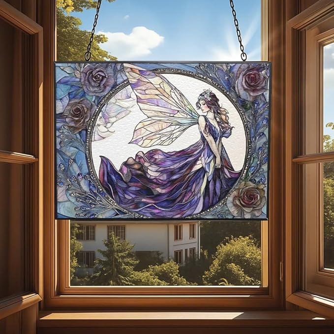 Customized Rectangle Fairy Stained Glass Suncatcher Window Hanging, Gothic Christmas Ornaments for Fiction Lovers, Dinosaur Room Decor for Nursery New Home Gifts