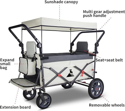 Foldable Wagon with Canopy - Collapsible Utility Cart with 2 Seats & Belts, Adjustable Handle, Expandable Front for Camping, Picnic, Shopping (Beige/Grey)