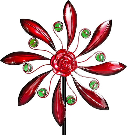 Rose Outdoor Metal Wind Spinner, Single-Layer Kinetic Garden Art with Vibrant Red Finish - Weatherproof Wind Sculpture for Lawn, Patio, Yard Decor - 10''W x 36''H