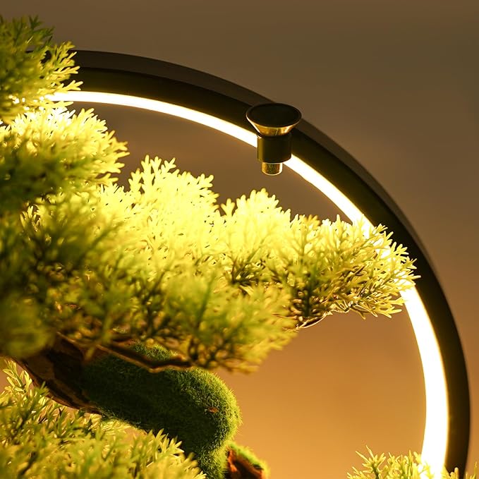 Artificial Bonsai Pine Tree Faux Realistic Simulation Bonsai with LED Lamp Ring Fake Plants Desk Table Decor for Home Office Indoor
