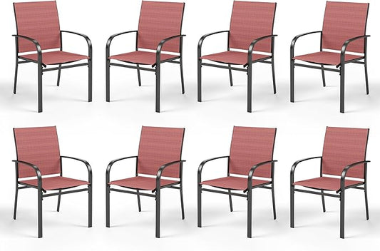 HERA'S HOUSE Patio Dining Chairs Set of 8, 36" Textilene Fabric Outdoor Chair with Wrought Iron Metal Frame Support 350lbs for Lawn Garden Backyard Kitchen, Red