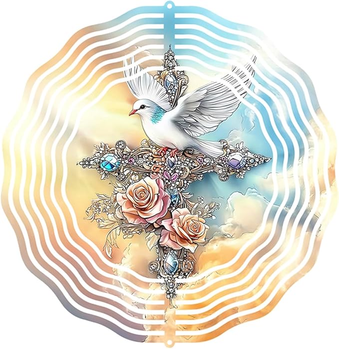 Cross Dove Wind Spinner, Metal Wind Spinners Outdoor/Indoor, Cross Hanging Garden Decor for Outside, Stainless Wind Spinners for Yard and Garden 10 inch 3D (25.76X25 CM)