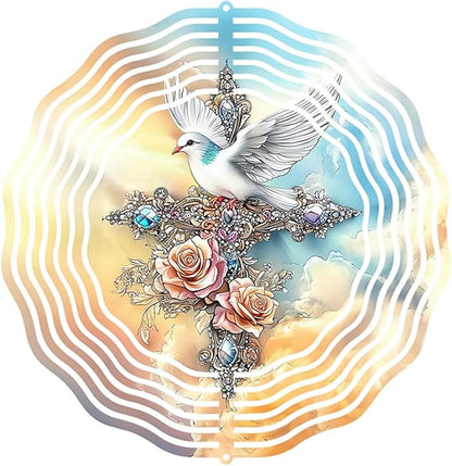 Cross Dove Wind Spinner, Metal Wind Spinners Outdoor/Indoor, Cross Hanging Garden Decor for Outside, Stainless Wind Spinners for Yard and Garden 10 inch 3D (25.76X25 CM)