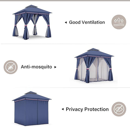LAUSAINT HOME Outdoor Patio Gazebo 8'x8' with Expansion Bolts, Heavy Duty Gazebos Shelter Party Tent with Double Roofs, Mosquito Nettings and Privacy Screens for Backyard, Garden, Lawn, Navy Blue