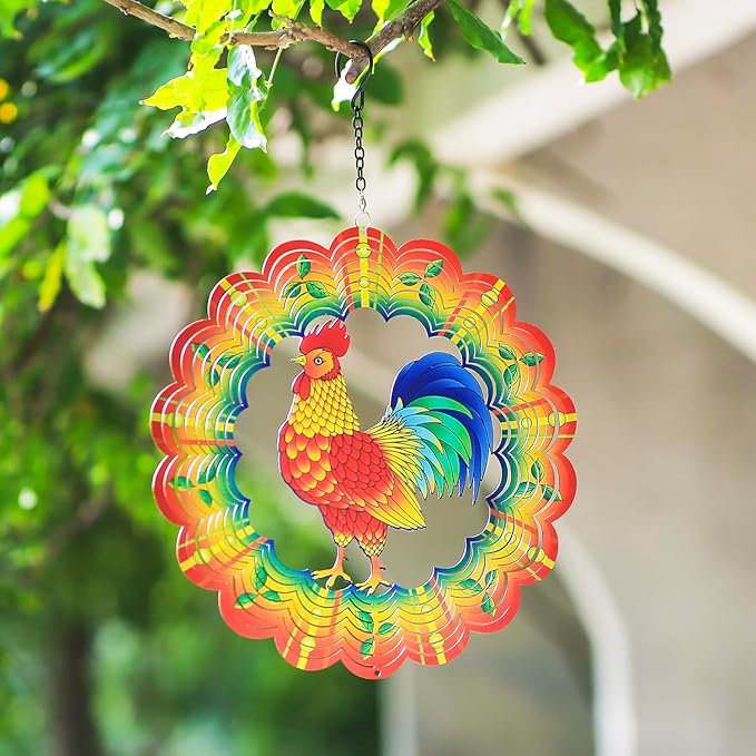 Chicken Wind Spinners Chicken Gifts for Women/Men 12 inch 3D Stainless Steel Hanging Wind Spinner Metal Wind Catchers Kinetic Sculpture for Indoor/Outdoor Decor, Yard Art, Garden Decorations