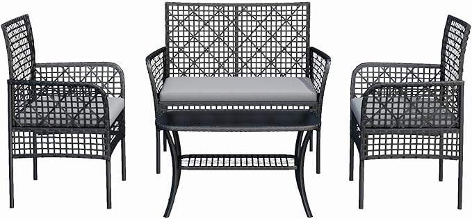 4-Piece Patio Furniture Set, Weather-Resistant Rattan Patio Conversation Set with Two-Tier Coffee Table, Upholstered Openwork Wicker Furniture for Porch, Garden, Lawn, Gray