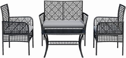 4-Piece Patio Furniture Set, Weather-Resistant Rattan Patio Conversation Set with Two-Tier Coffee Table, Upholstered Openwork Wicker Furniture for Porch, Garden, Lawn, Gray